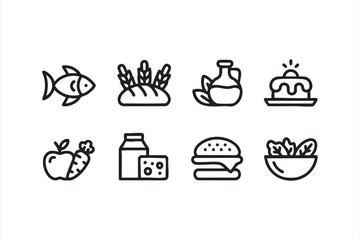 Minimal vector symbols of vegetables, fish, and dairy for healthy lifestyle concepts