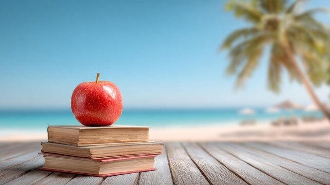 A red apple on a stack of books on a wooden table with a beach and palm tree background.