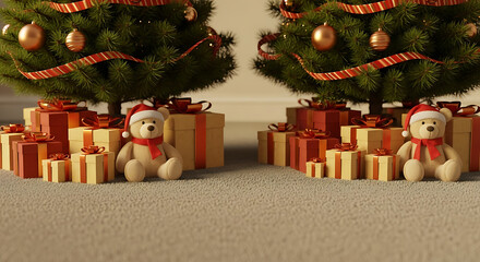 Two decorated christmas trees with gifts and teddy bears wearing santa hats, festive holiday scene