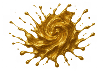 Golden paint splash creating a glossy spiral swirl with liquid drops flying, isolated on transparent background