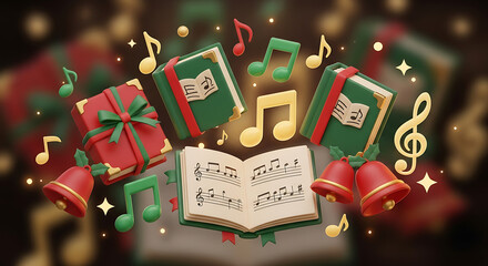 Christmas carol books, gift boxes, bells, and musical notes, symbolizing holiday music and festive spirit