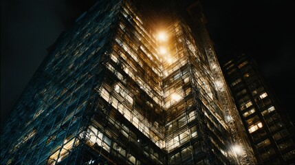 Nighttime Urban Construction Site with Illuminated Scaffolding and Modern Architecture Reflected by Bright Lights in Downtown Cityscape