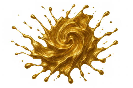 Golden paint splash creating a glossy spiral swirl with liquid drops flying, isolated on transparent background