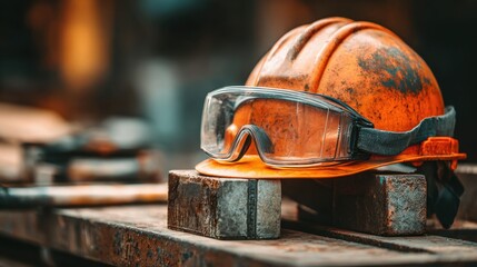 Safety Gear for Construction Work on a Wooden Table with Tools and Equipment in a Workshop Environment