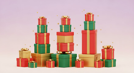 Abundant stacks of colorful christmas gift boxes in red, green, and gold, creating a festive holiday display
