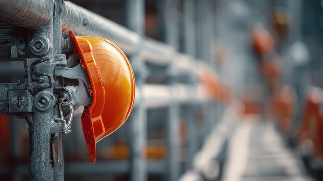 Bright orange hard hat hanging on scaffold in construction site with blurred background, focusing on safety and industry work environments
