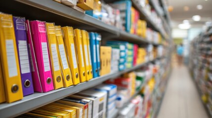 A colorful array of binders and folders on a shelf in a library or office.