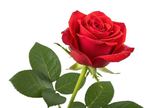 A single vibrant red rose with green leaves isolated on transparent background