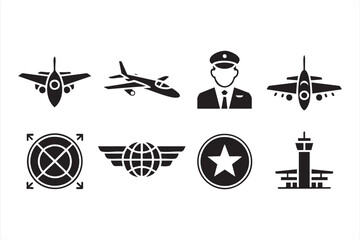 Line icons of airplane, control tower, and wings for navigation and aerospace themes
