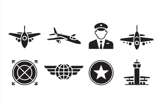 Line icons of airplane, control tower, and wings for navigation and aerospace themes