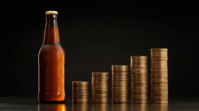 A bottle of beer and a stack of coins on a dark background.