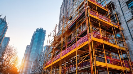 Construction Site with Scaffolding and Urban Skyline During Sunset in a Modern City Setting