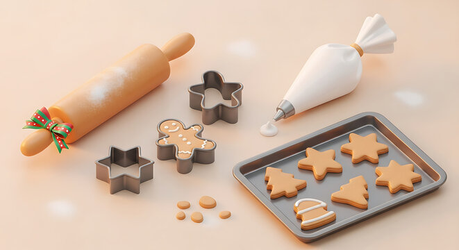 Baking supplies for christmas cookies, including a rolling pin, cookie cutters, and a baking sheet with gingerbread cookies