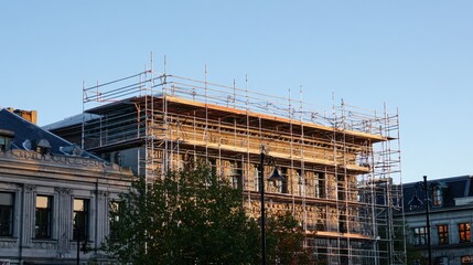Construction scaffolding surrounds a historic building under renovation with clear blue sky and trees in foreground during sunset lighting