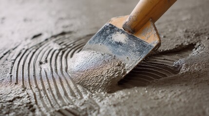 Close-Up View of Trowel Spreading Fresh Concrete on Smooth Surface with Textured Lines and Subtle Dusty Finish Under Natural Light Conditions