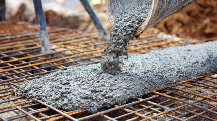 Pouring Fresh Concrete Mixture into Steel Reinforcement Framework at Construction Site for Foundation Building and Structural Strengthening Activities