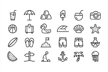 Summer and beach icon pack representing sun, sea, and relaxation concepts