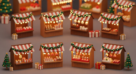 Christmas market stalls decorated with lights and mini trees, festive holiday scene