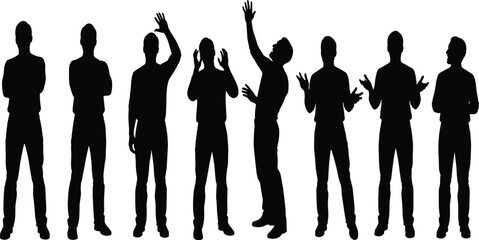 Silhouette collection of diverse b students, or audience members standing, posing, applauding, celebrating, and expressing different emotions with various hand gestures, isolated on a white background