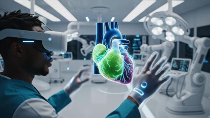 Virtual Reality in Medical Training - A healthcare professional uses virtual reality technology to interact with a 3D model of a heart in a futuristic medical lab. - Powered by Adobe