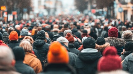 A large crowd of people walking down a snowy street in winter attire.