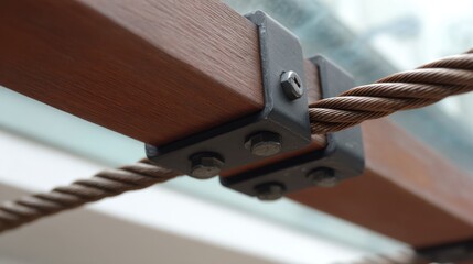 Close-Up View of Metal and Wood Fasteners with Steel Cable Connection on Modern Architectural Structure for Industrial Design Inspiration