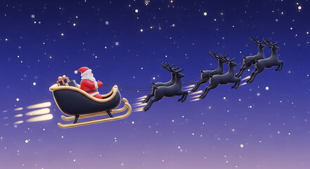 Santa claus and reindeer flying through the starry night sky on christmas eve, delivering presents