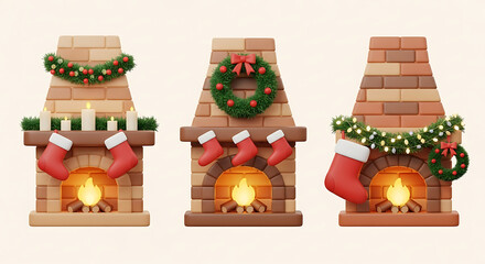 Three festive christmas fireplaces decorated with garlands, wreaths, candles, and stockings