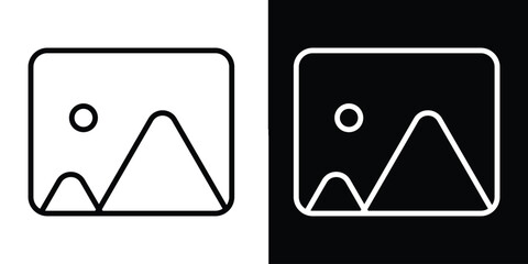 Photo or gallery icons with mountains and sun, representing image display, photo gallery, or media content in minimalistic design style eps 10