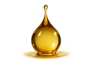 Golden oil drop splashing, creating ripple effects. Viscous liquid falling, isolated on transparent background