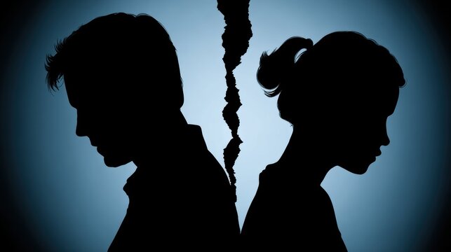 Two silhouetted figures facing away from each other, with a blue and white background.