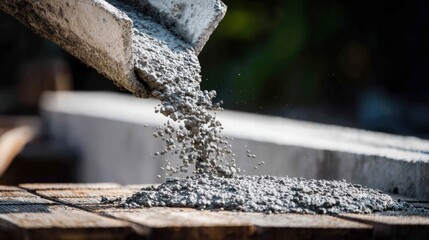 Close-up of Freshly Mixed Concrete Pouring from Chute onto Wooden Planks for Construction Project, Demonstrating Texture and Consistency in Building Material
