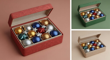 A red velvet box filled with assorted colorful christmas ornaments, ready for holiday decoration