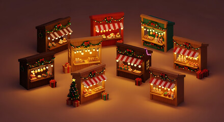 Charming miniature christmas market stalls illuminated at night, creating a festive winter wonderland scene