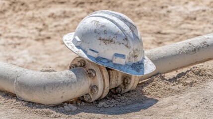 White Hard Hat Resting on Industrial Pipe in Sandy Environment, Construction Site, Safety Equipment, Engineering Background, Machinery in Operation