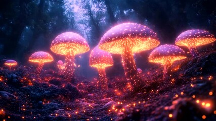 Glowing mushrooms illuminate a mystical forest scene - Powered by Adobe