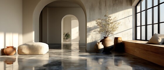 Pale minimalist interior softly brightened by daylight, gentle reflections and large negative space for modern presentation, marketing, and corporate layout concepts