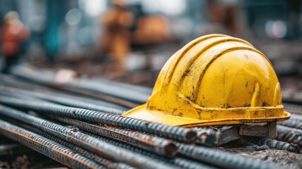 Bright yellow hard hat resting on steel rebar at a construction site, illustrating the importance of safety and equipment in building projects