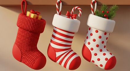 Three assorted christmas stockings hanging, filled with gifts and festive decorations