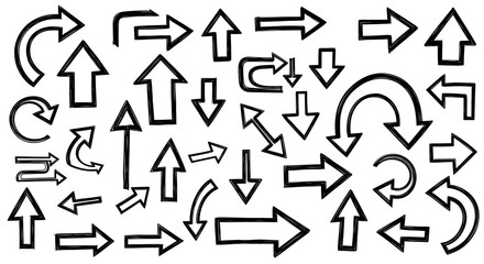 Hand-drawn Black Arrows in Various Directions on White Background, Simple Design