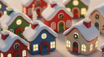 A charming collection of small, snowcovered houses with glowing windows and festive wreaths, evoking a cozy holiday village atmosphere
