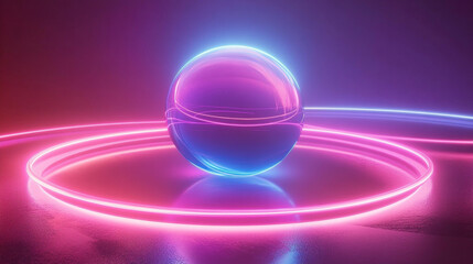 A central glowing orb surrounded by vibrant neon rings, radiating light and energy in a dark futuristic space, symbolizing balance, motion, and digital harmony.