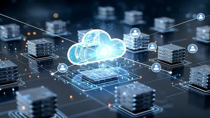 Digital cloud computing network with data servers and user icons illustrating data flow and connectivity - Powered by Adobe