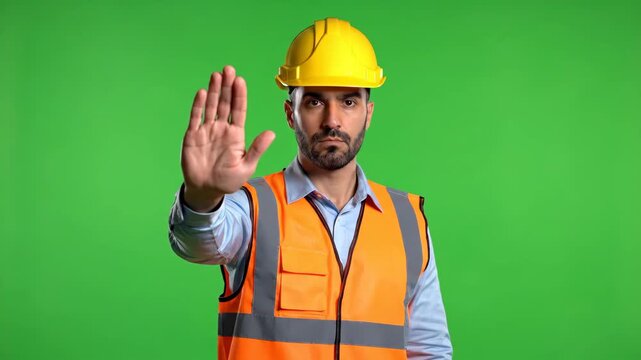 A Construction Worker Extends Hand as a Stop Sign on a Green Screen Background