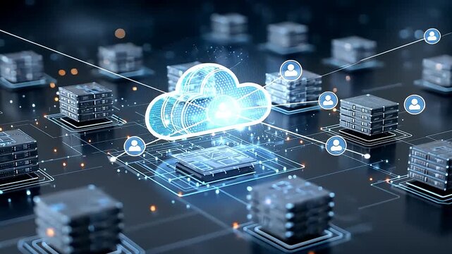 Digital cloud computing network with data servers and user icons illustrating data flow and connectivity - Powered by Adobe
