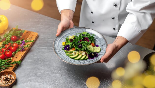 Professional chef in a white uniform presenting a beautifully crafted gourmet green salad with fresh avocado and edible flowers