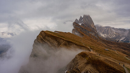 Landscape of the Dolomites Alps. Odle mountain range, Seceda peak in Dolomites, Italy.Nature concept background.