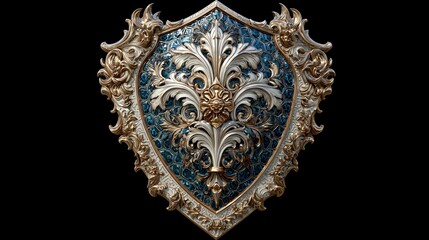 Fantasy knight shield in white, blue, silver, and gold, detailed medieval armor emblem on black background, isolated object with metallic highlights and decorative design.