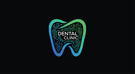 Modern dental clinic logo featuring a tooth with circuit board design, representing innovation and technology in oral care