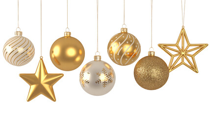 Elegant gold and white Christmas ornaments adorn festive holiday displays